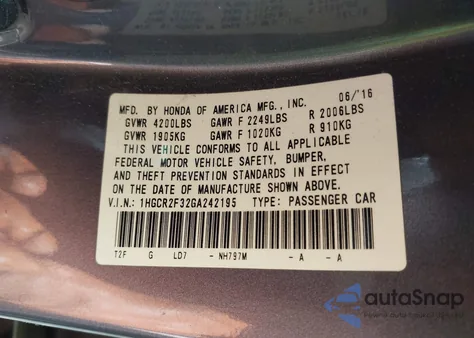 2016 Honda Accord Lx из США, поврежденный, VIN 1HGCR2F32GA242195